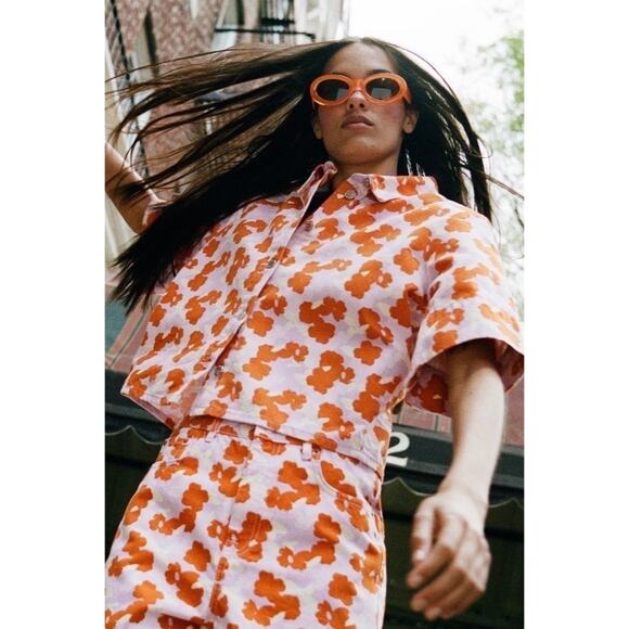 Zara Cropped Denim Floral Jacket Top - Picture 1 of 6